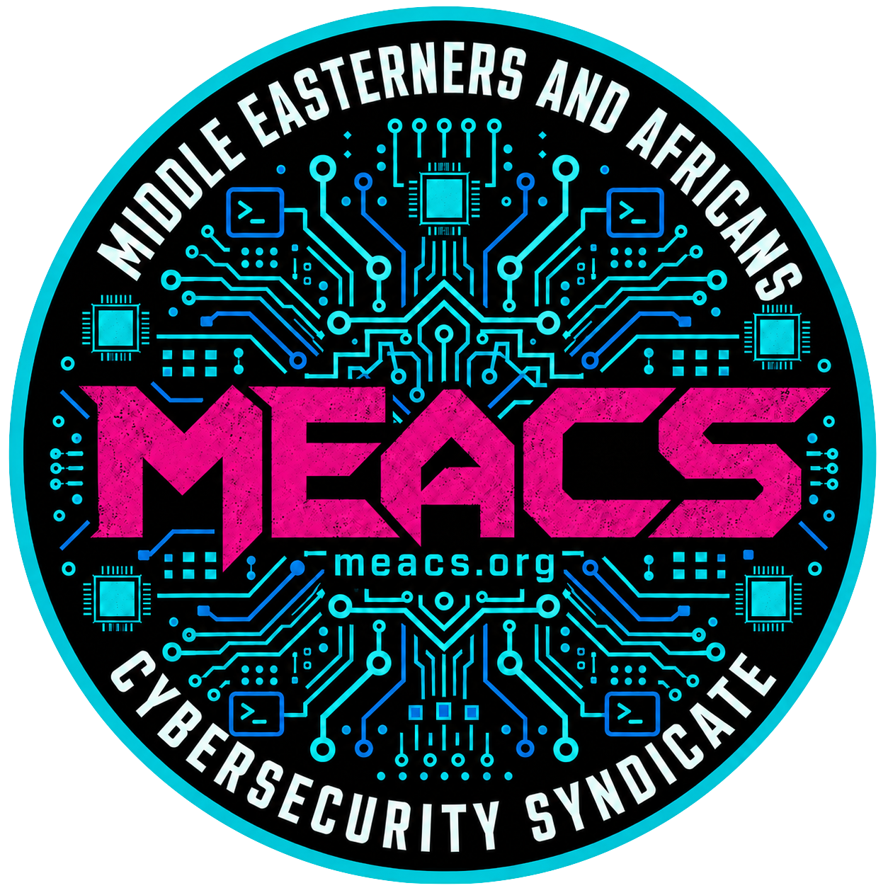 MEACS emblem: circuit board patterns around the MEACS wordmark